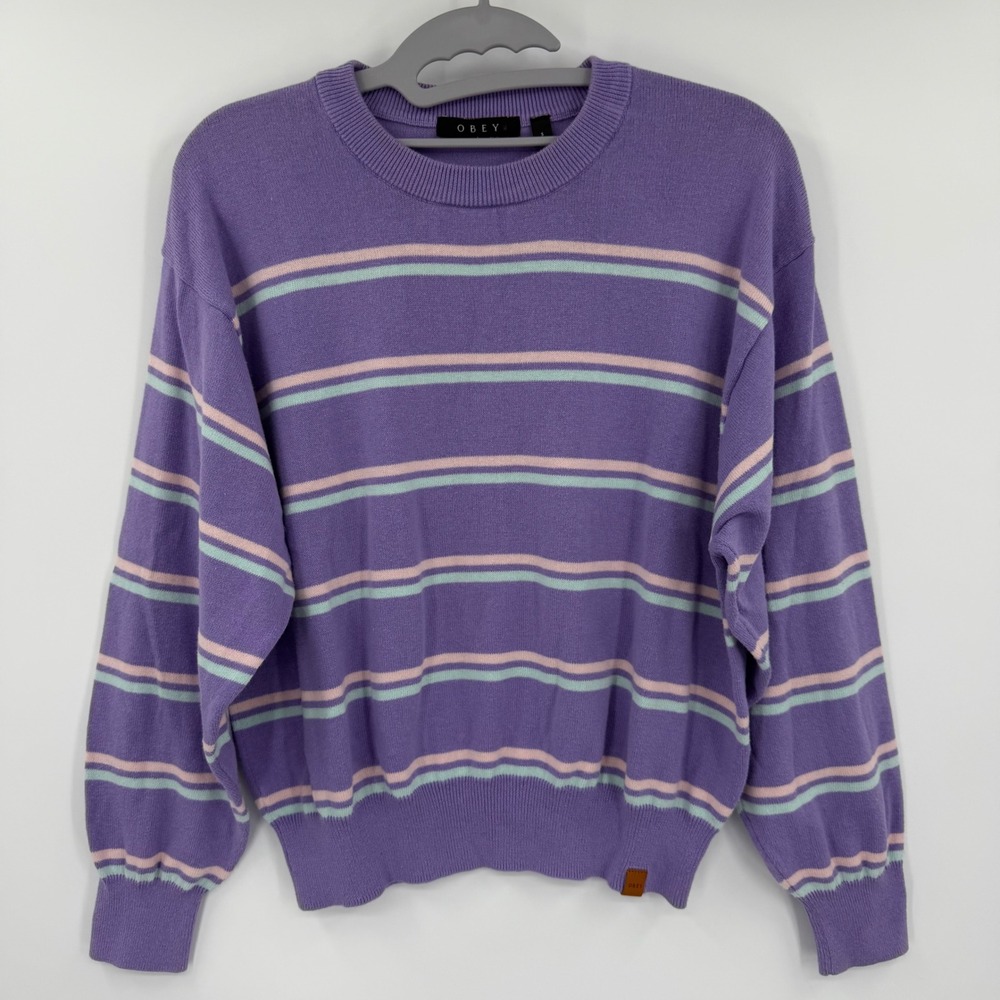 Obey Mens Small Purple Striped Cotton Knit Crewneck Sweater Pastel Pink Mint